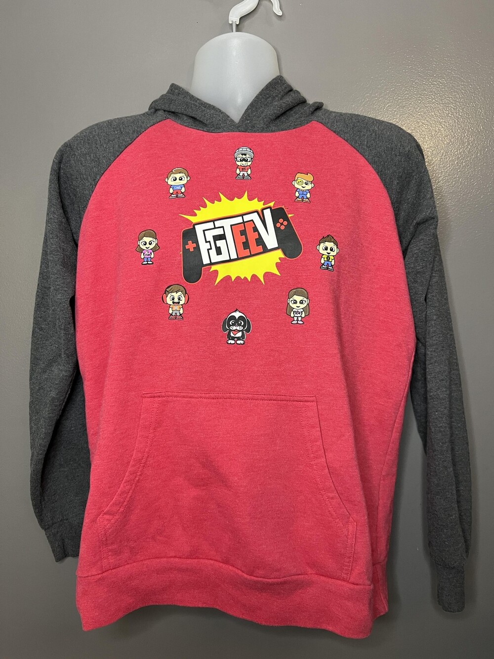 FGTEEV Hoodie Kids Large Red Gray Graphic Pullover Sweatshirt Raglan Fleece